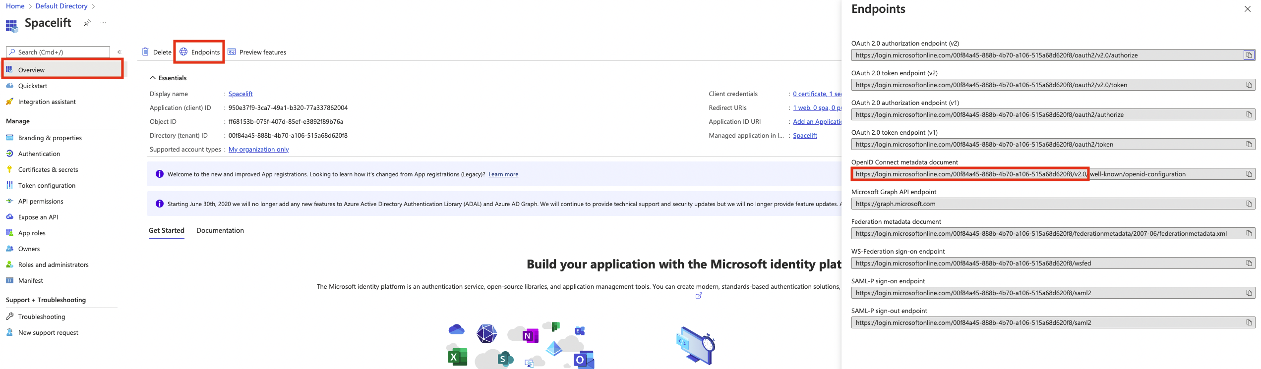 Copy the OpenID Connect metadata document URL.